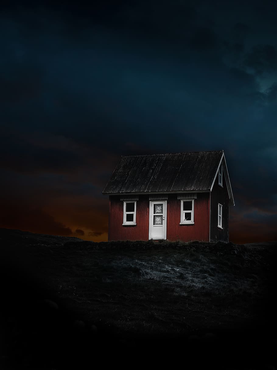 house, cottage, hill, cabin, rural, sky, clouds, evening, gloomy, night