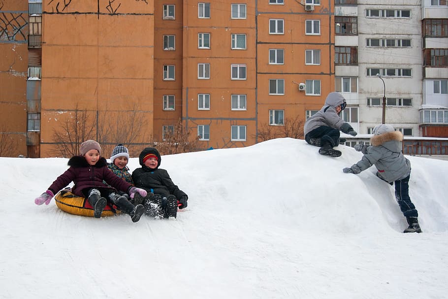 sled, sledding, winter, ufa, child, sleigh, ride, snow, hill, slide