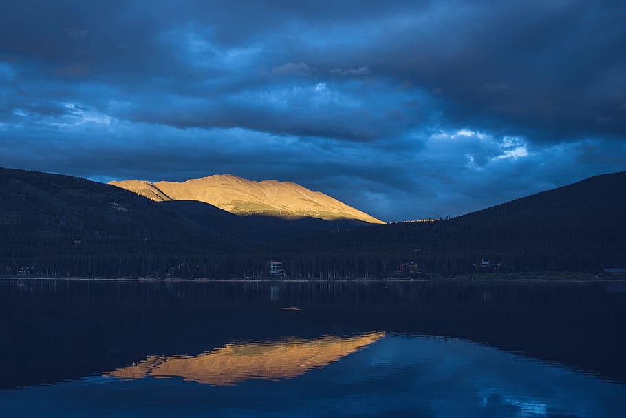 lake, water, reflection, landscape, mountains, dark, night, blue, sky, clouds