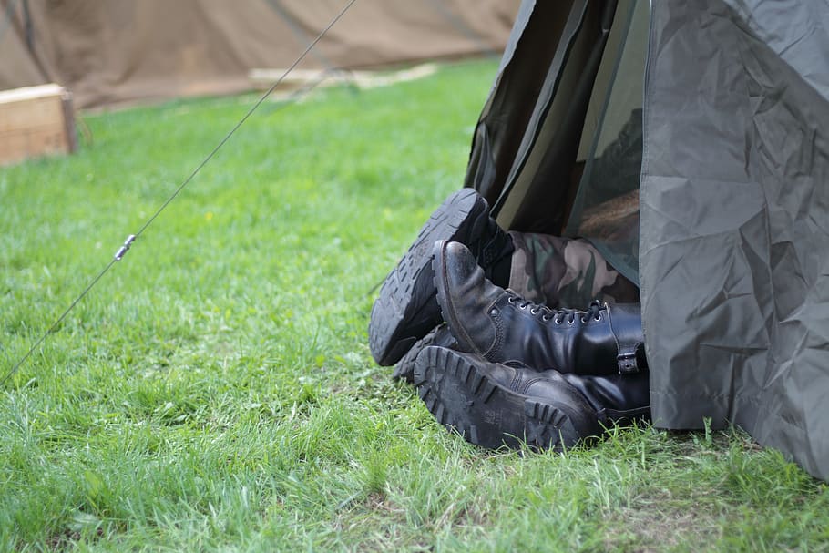 camp, tent, combat boots, boots, shoes, camping, adventure, nature, field, relaxation