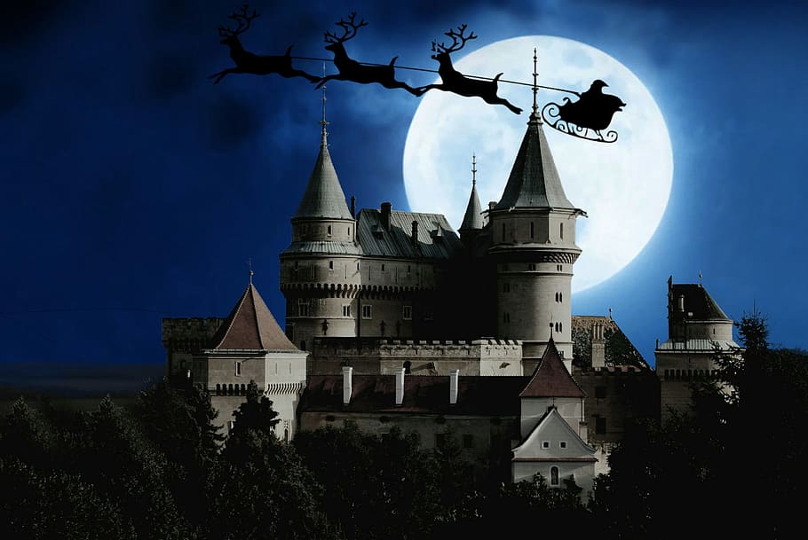 illustration, santa, sleigh, flying, castle, christmas eve, eve., claus, christmas, reindeer