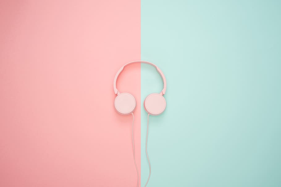 headphone, biru, merah muda, warna pastel, cerah, lay datar, musik, dinginkan, wallpaper untuk anak perempuan, bidikan studio