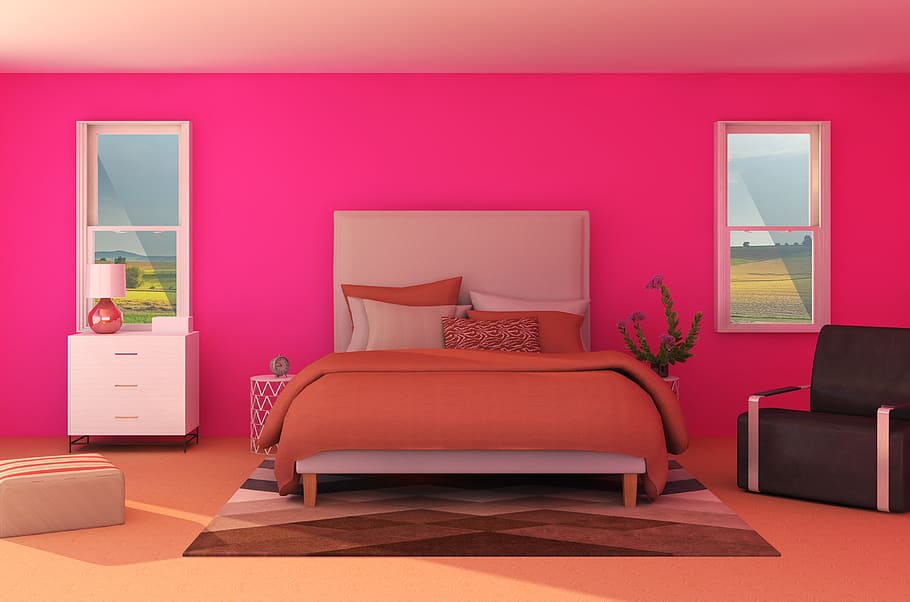 interior, bed, pink, wall, furniture, decoration, sofa, rug, domestic room, home interior