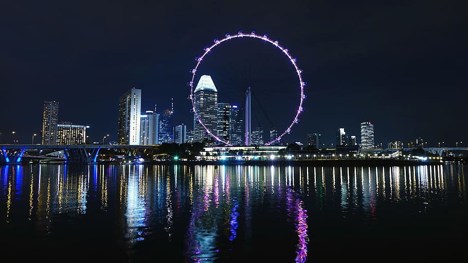 urban, singapore, skyscraper, construction, architecture, building, sea, river, night, built structure