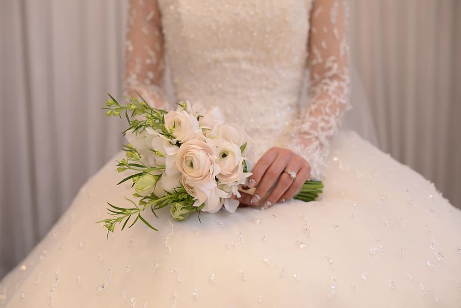 pengantin wanita, gaun, orang, karangan bunga, pengantin, bunga, bahagia, pernikahan, menikah, putih