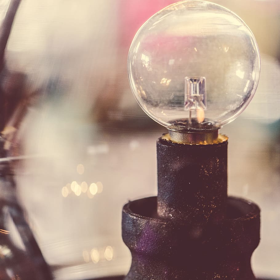rustic, lightbulb, metal, iron, stand, edison, glass, light, close-up, focus on foreground