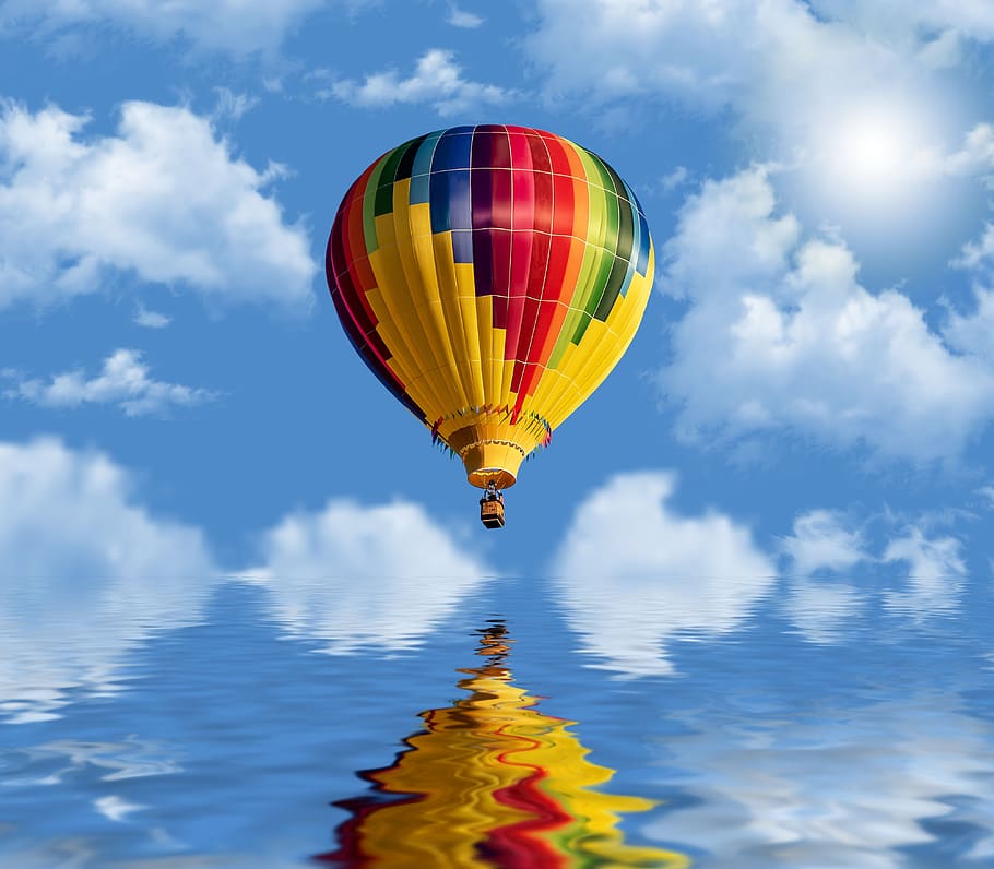 balon udara, langit, awan, refleksi, balon, udara, penerbangan, awan - langit, multi-warna, balon udara panas