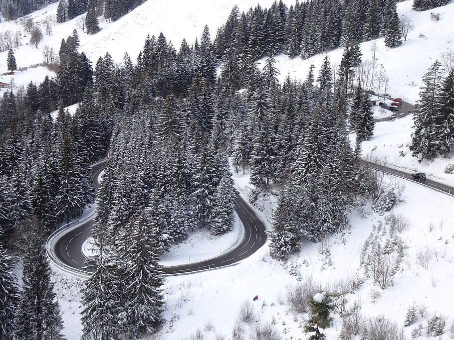 serpentine, yoke road, snowy, snow, allgäu, alpine, road, curves, curvy, wintry