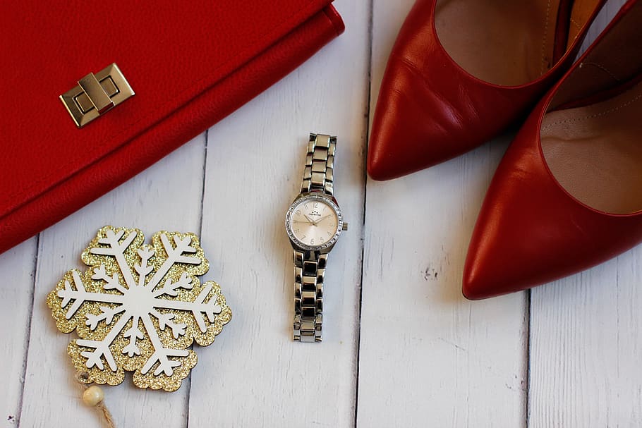 fashion, clothes, watch, pins, red, ladies watch, handbag, red shoes, shoes, timer