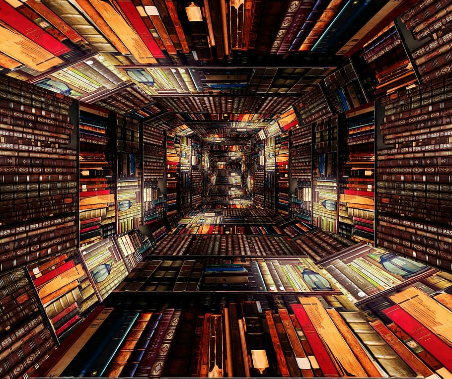 library, tunnel, books, stacks, shelves, scene, reading, knowledge, study, wisdom