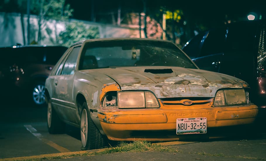 coche, antiguo, abandonado, vehículo, roto, oxidado, noche, decadencia, vehículo de motor, modo de transporte