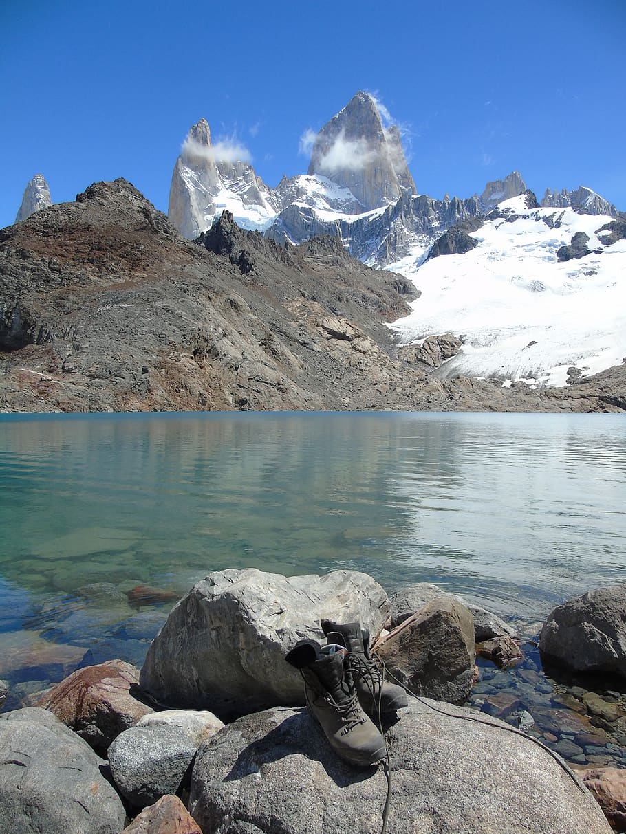 argentina, patagonia, fitz roy, mountains, rock, glacial lake, hiking shoes, mountain, water, beauty in nature
