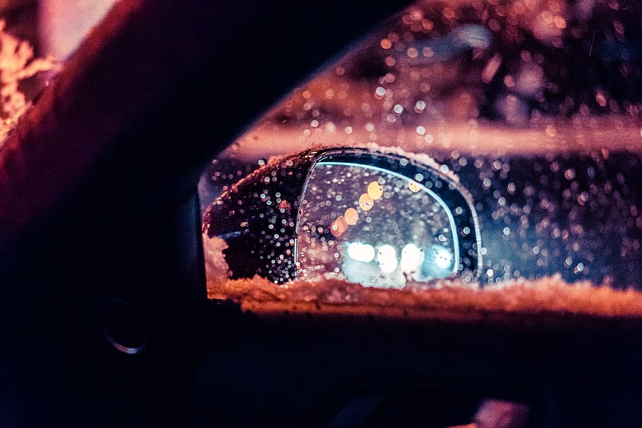 espelho retrovisor do carro, nevado, clima, resumo, bokeh, calamidade, carros, cidade, frio, colorido