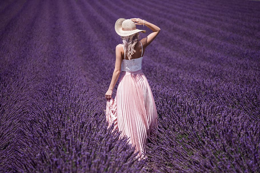 beautiful, lady, lavender, field, beauty, blonde, dreamy, dress, eco, fairytale