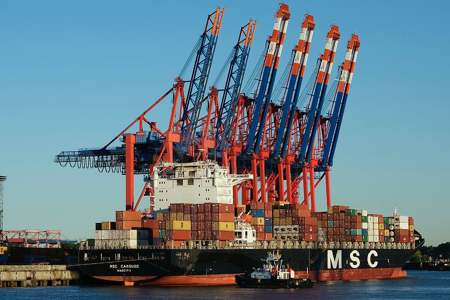 shipping, container ship, msc carouge, frachtschiff, container handling, terminal, container, container platform, loading, hamburg