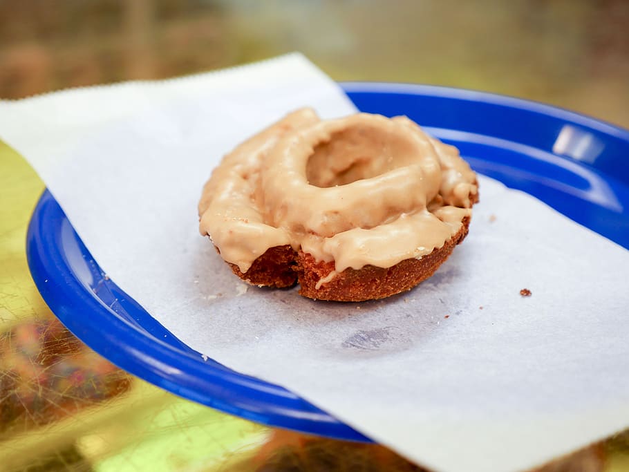 maple cake donut, sitting, blue, plate., bakery, breakfast, calories, chocolate, colorful, dessert