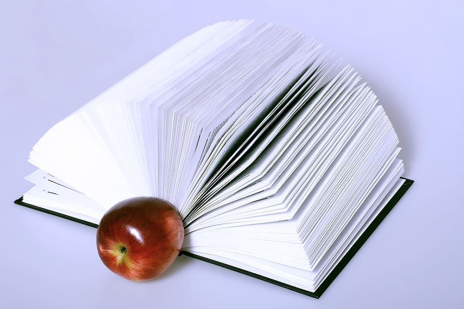 apple, book, closeup, dictionary, education, encyclopedia, exam, hardcover, history, nobody