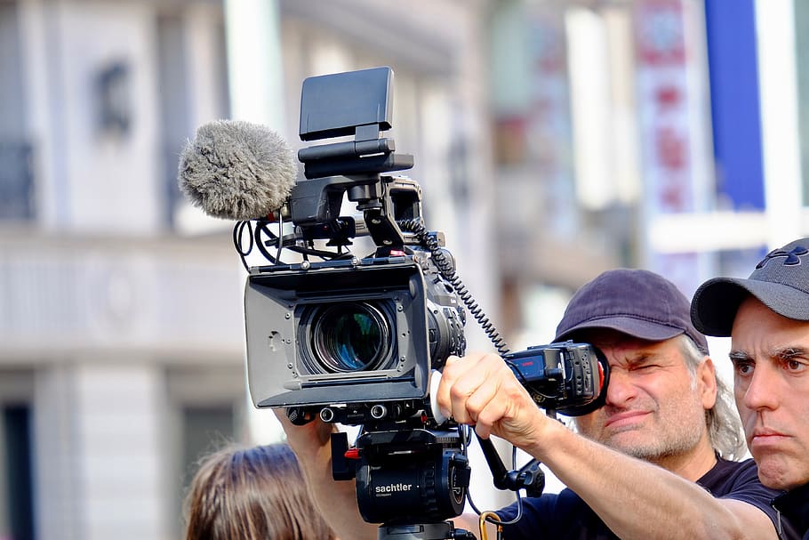 video recording, shooting, cameramen, city, street, professional, scoop, technology, television camera, occupation