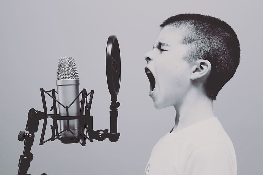 microphone, boy, studio, screaming, yelling, sing, singing, black and white, music, young