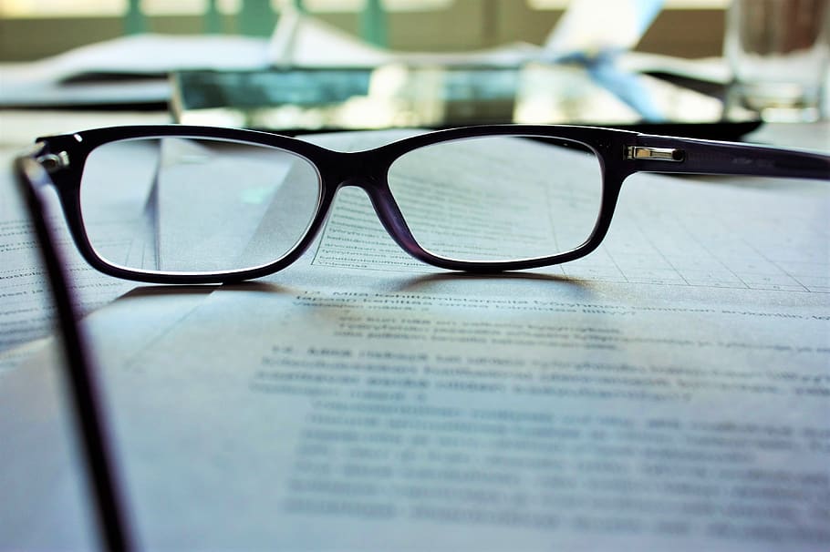glasses, reading, eyeglasses, eyewear, paper, document, studying, spectacles, work, working