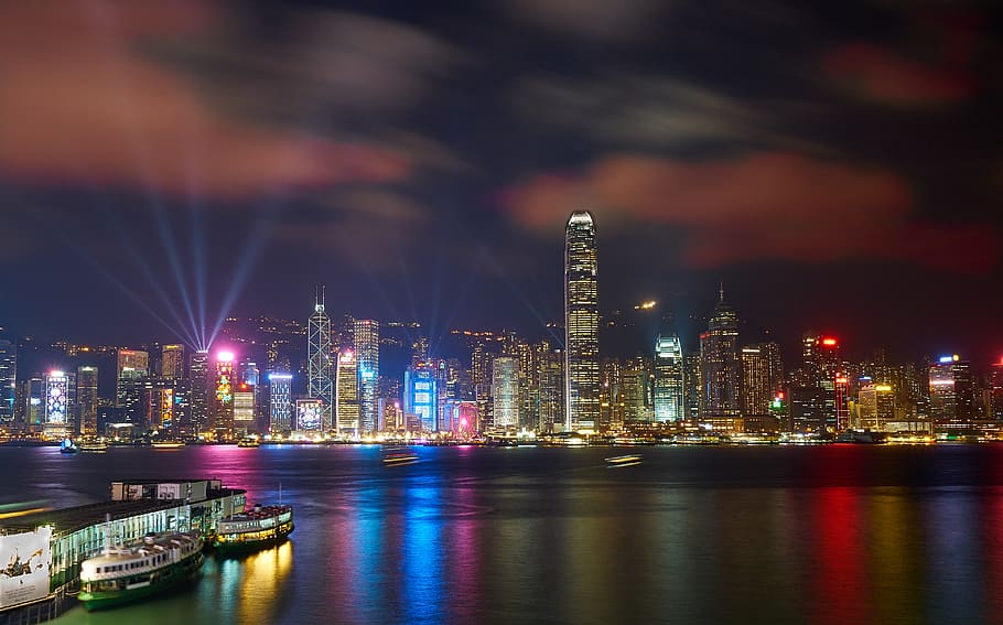 hong kong, cityscape, night, city, architecture, lights, skyscrapers, skyline, china, asia
