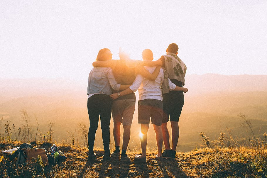 friends, hugging, mountain, people, man, woman, happy, close, family, sunset