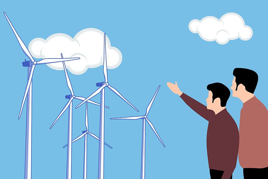 ilustração, renovável, limpo, geração de energia, parque eólico, fazenda., pessoas, procurando, turbinas., vento