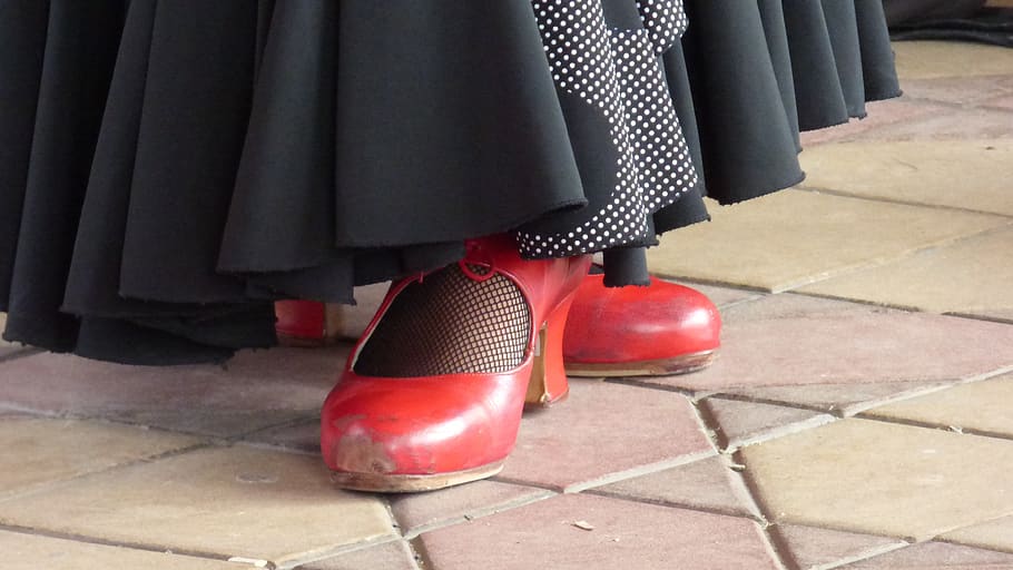 sapatos, vermelho, flamenco, mulher, dança, seção baixa, sapato, parte do corpo, parte do corpo humano, perna humana
