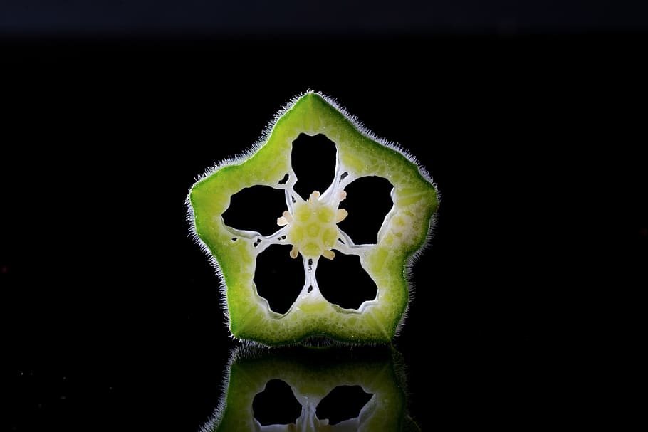 okra, sliced, isolated, on black background, plant, flower, flowering plant, black background, close-up, studio shot