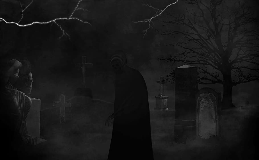 escuridão, preto branco gráfico, horror, assustador, medo, cemitério, a morte, misticismo, ameaçador, místico