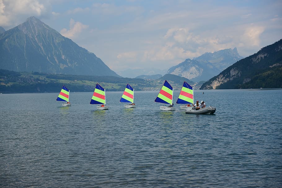 lake thun, optimists, sail, course, water, waterfront, mountain, nautical vessel, beauty in nature, sky