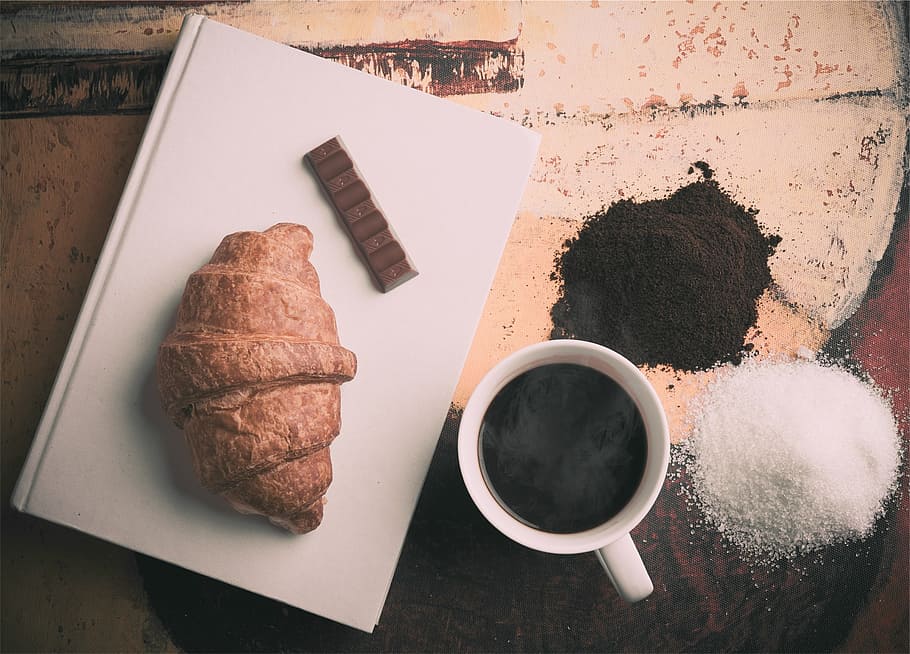 croissant, coffee, chocolate, sugar, cup, mug, book, breakfast, food, snack