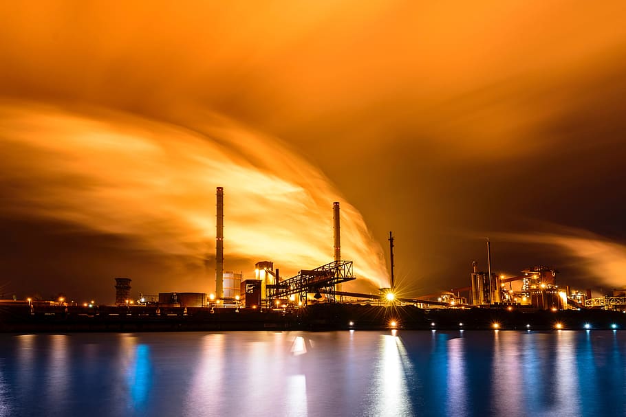 factory smoke, various, factory, industrial, industry, water, night, illuminated, building exterior, cloud - sky