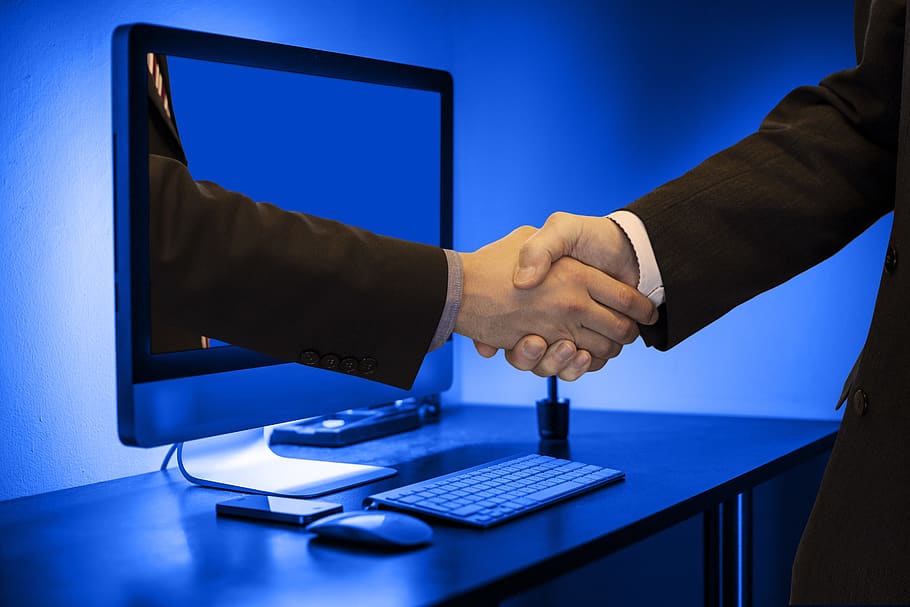 handshake, hands, monitor, online, partner, businessmen, team, cooperation, teamwork, friendship
