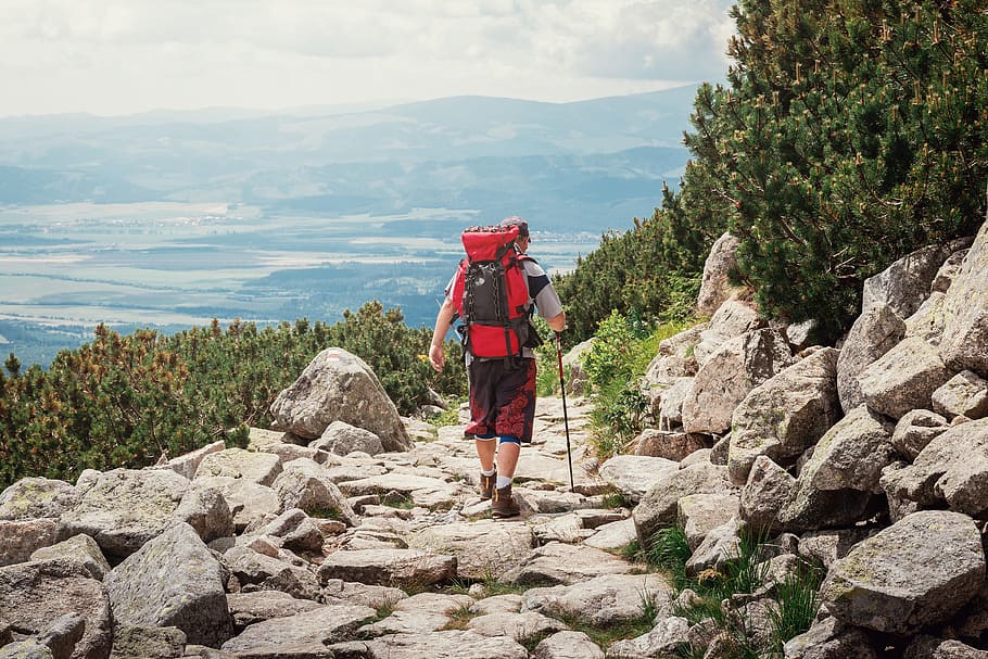 traveler man, backpack., landscape pegunungan, latar belakang., orang sungguhan, gaya hidup, gunung, aktivitas santai, panjang penuh, padat