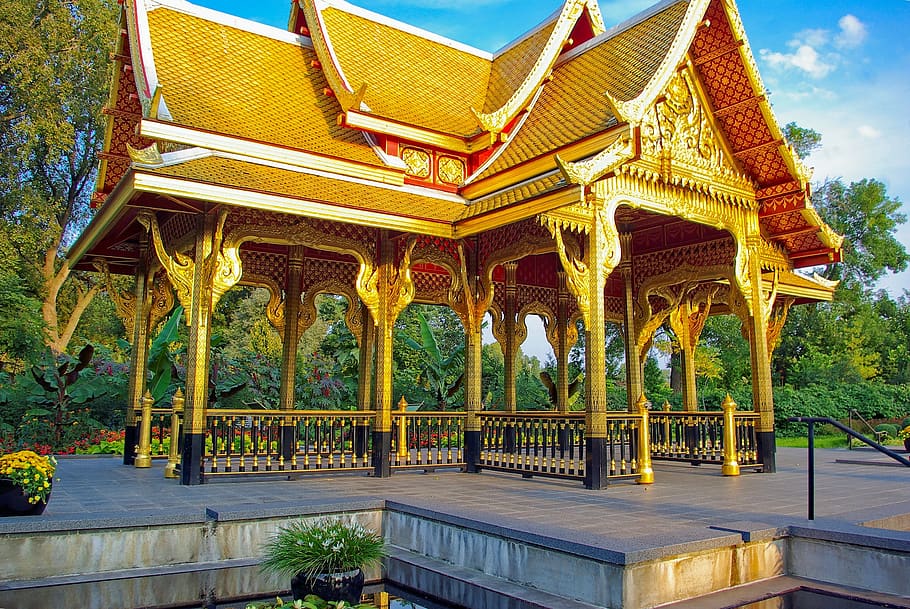 pavilhão tailandês dourado em olbrich, olbrich, botânico, jardins, madison, wisconsin, pavilhão, ouro, tailândia, metal