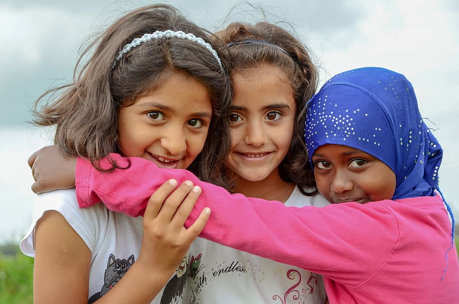 people, refugee, children, girls, portrait, child, young, endearing, love, friends