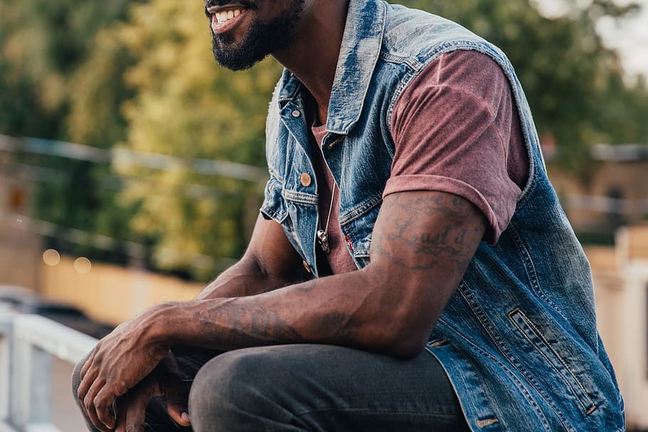 young, bearded, african american man, relaxing, smile, face, 25-30 year old, adult, african, bench