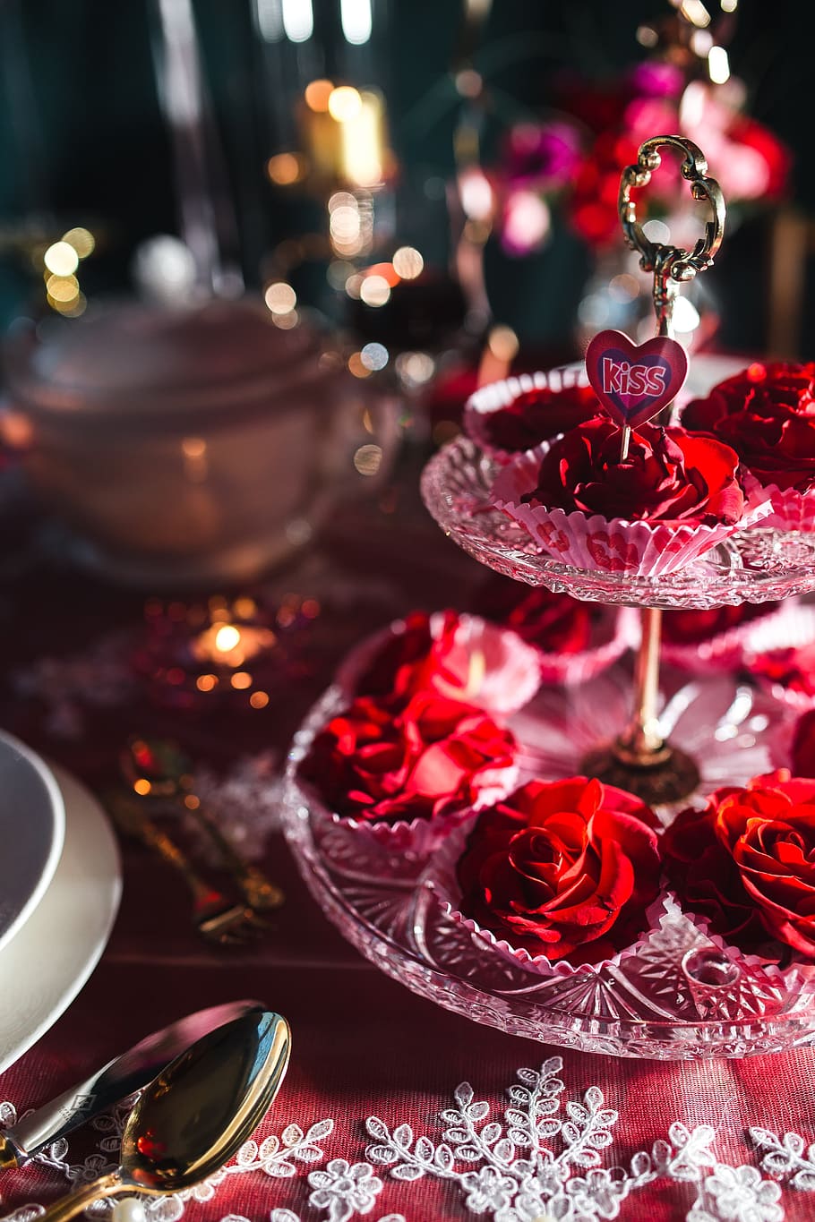 decoraciones de mesa, y, flores, san valentín, amor, romántico, juntos, romance, vajilla, comida