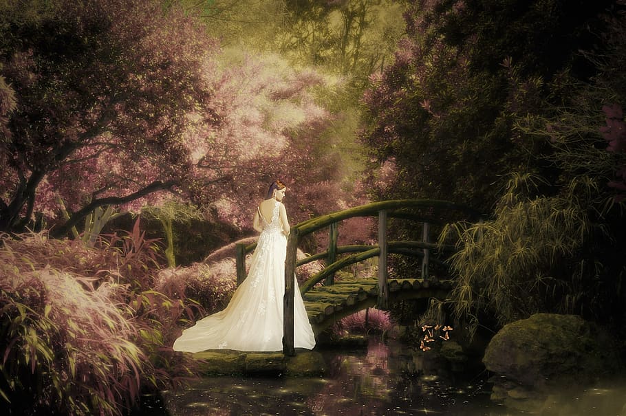 fantasy, dreams, garden, bridge, woman, composing, fairytale, fantasy picture, pond, tree
