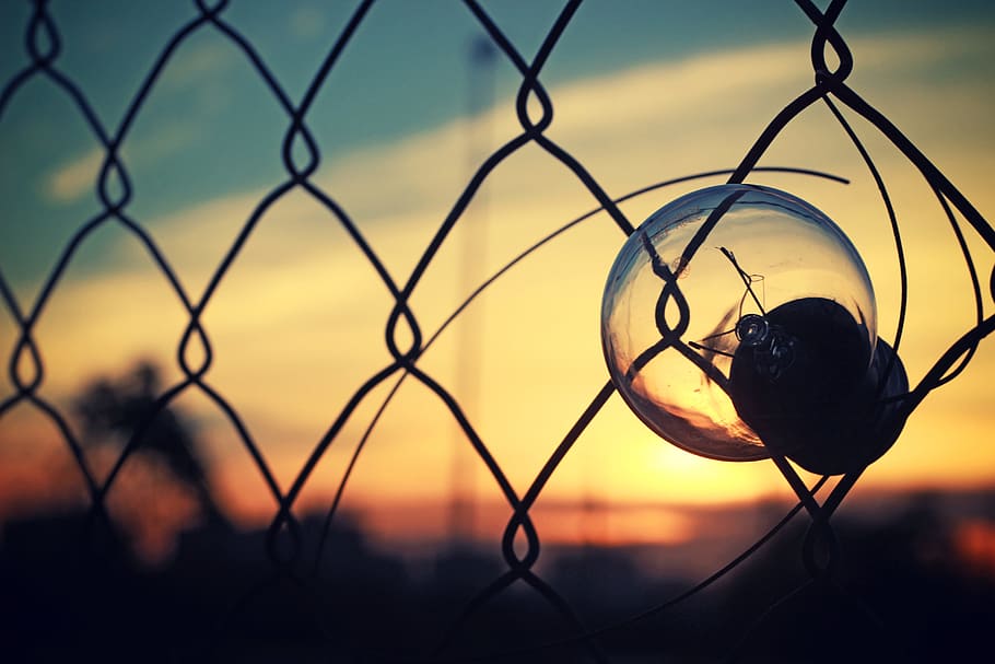 bulb, light, sunset, wire, fence, sky, chainlink fence, silhouette, sport, nature
