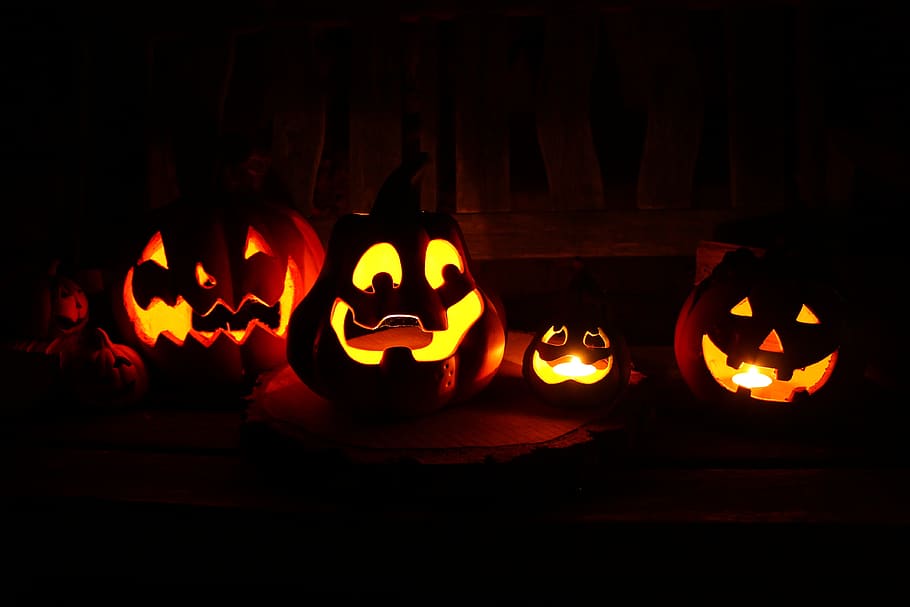dia das bruxas, lanternas, abóbora, outubro, assustador, laranja, estranho, rosto, rostos, temporada