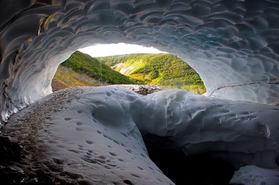 winter, summer, mountains, the foot of the volcano, sneznik, snow cave, creek, ice, passage, gully