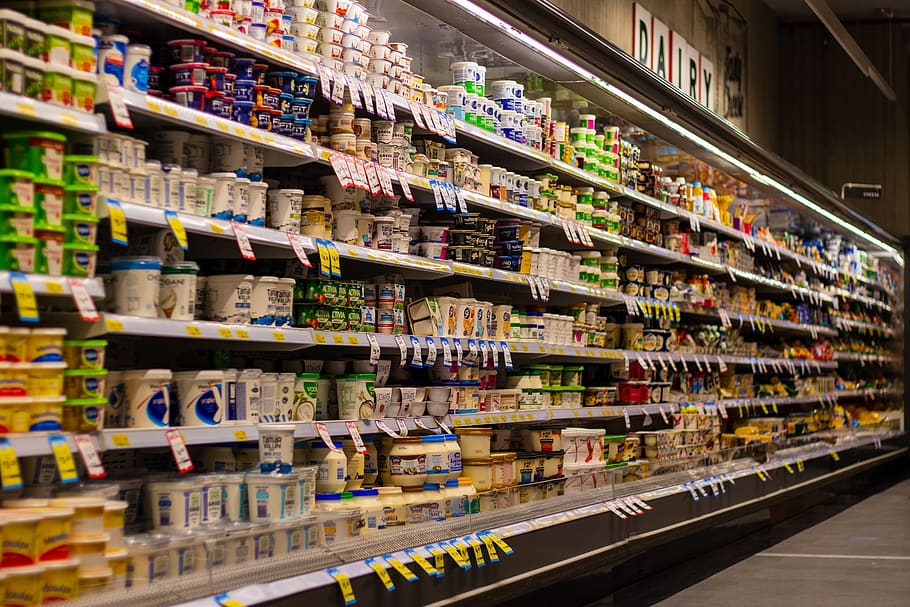 supermercado, estante, desenfoque, yogurt, leche, compras, venta minorista, alimentos, tienda, mercado