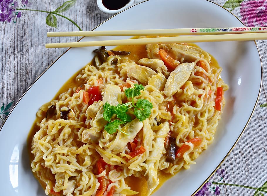 fideos, asia, verduras, pollo, salsa, comer, chino, cocinar, freír, plato de wok