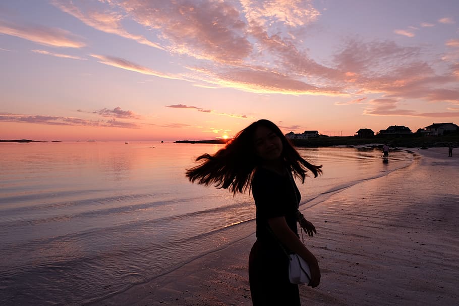 sunset, pink, sky, water, cloud - sky, orange color, beach, real people, sea, women