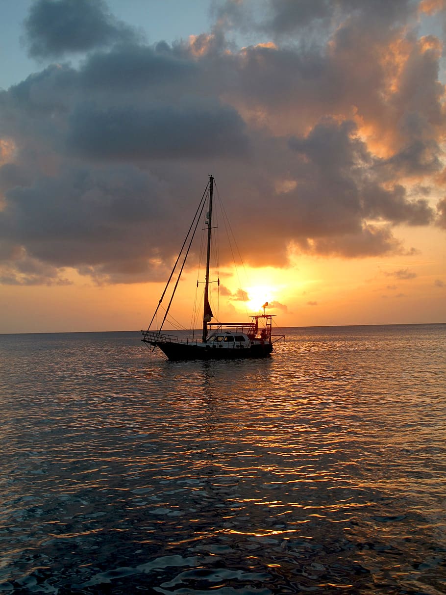 sunset, sailboat, boat, ocean, sea, sky, twilight, horizon, marine, landscape