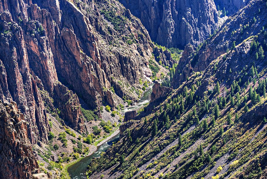 view, gunnison river, flows, bottom, canyon., black, canyon, extremely, steep, cliff walls