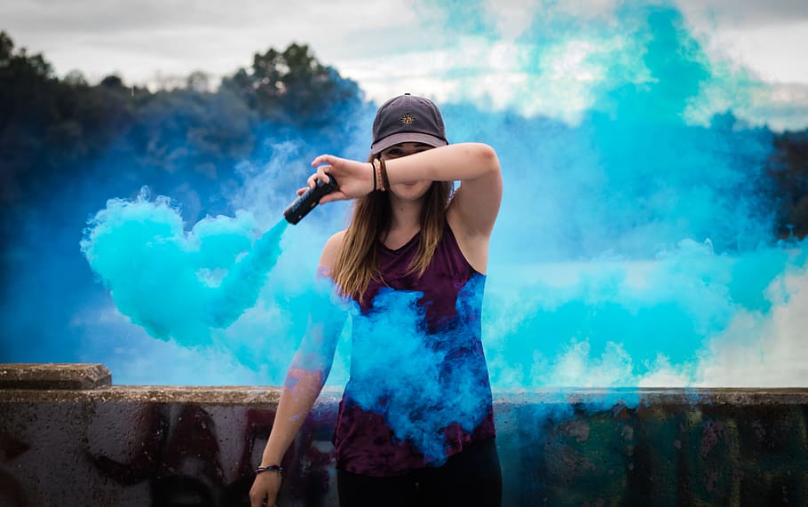 outside, blue, smoke, people, woman, girl, female, one person, smoke - physical structure, standing