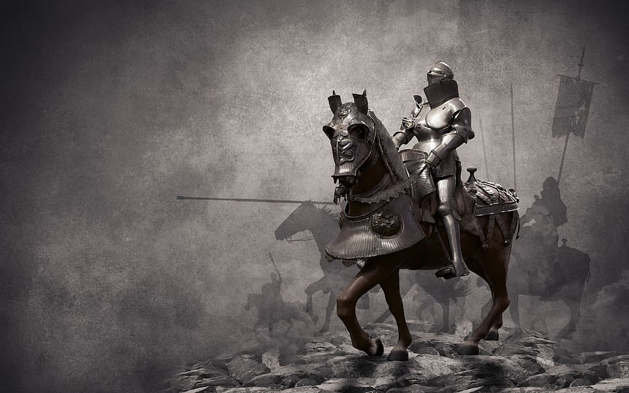 prajurit, ksatria, abad pertengahan, kuda, diadakan, baju besi, reiter, ritterruestung, latar belakang, tentara